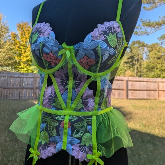 Sexy Neon Green Purple and Blue Floral Lingerie Size M - Picture 3 of 5